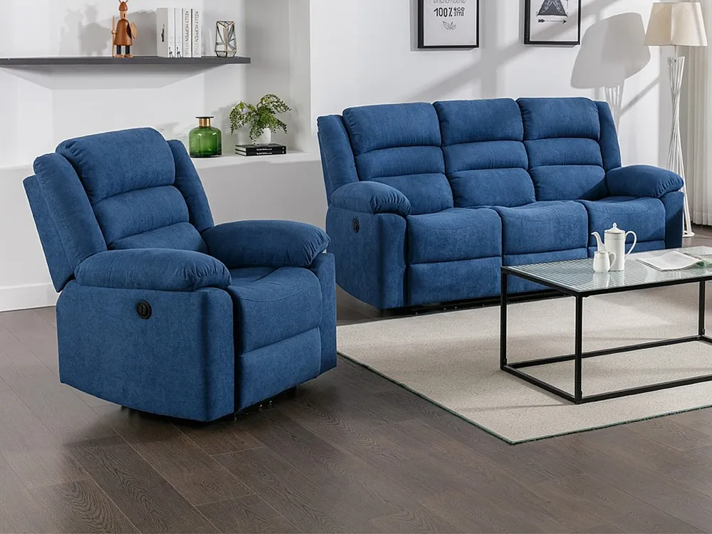Professionele Kwaliteit Elektrische driezits-relaxbank en -fauteuil van blauwe stof BUROLO