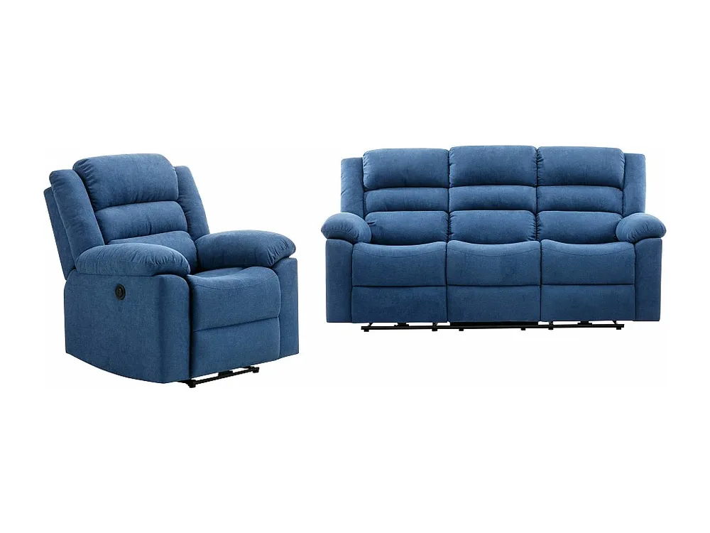 Professionele Kwaliteit Elektrische driezits-relaxbank en -fauteuil van blauwe stof BUROLO