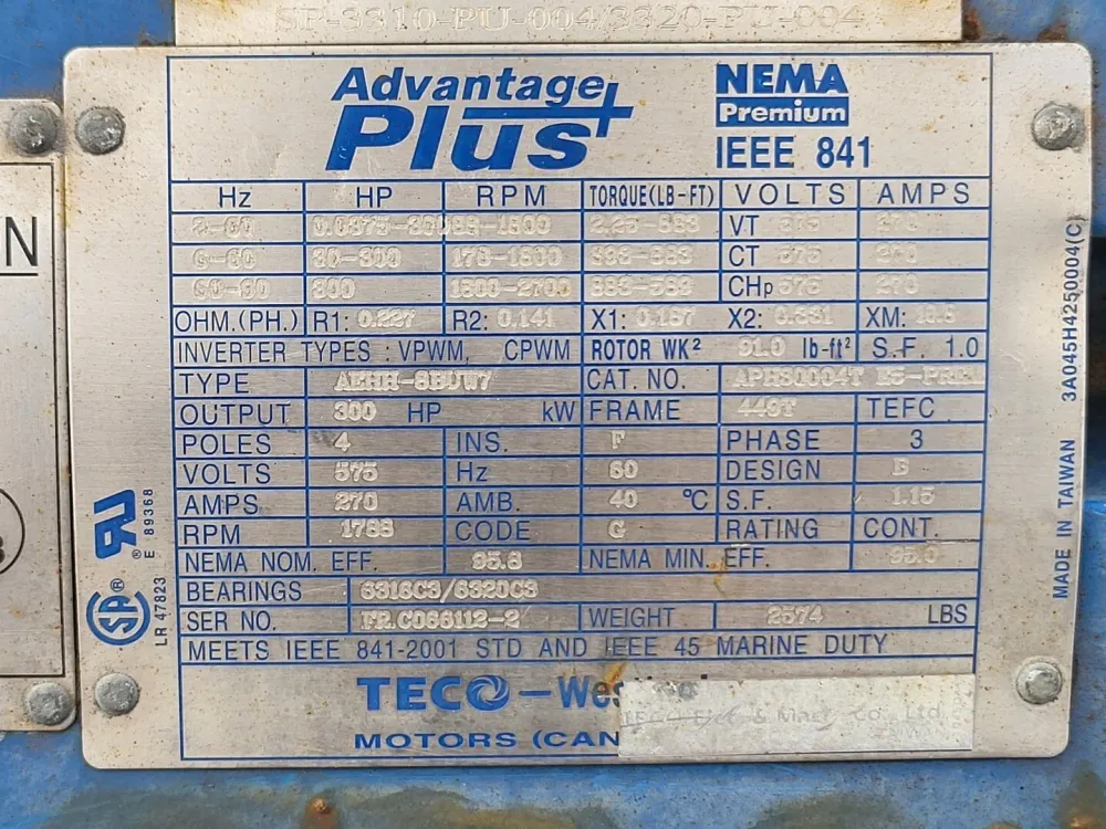 300 hp, 575 volts, 1788RPM, 449T Electric Motor APHS00044T