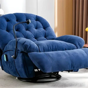 Elektrische relaxfauteuil met verwarmings- en trilfunctie - mobiele telefoonhouder en 2 zijvakken - Blauw met 2 Jaar Garantie
