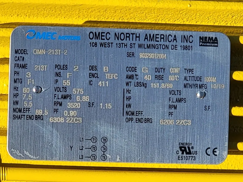 7.5 hp, 575 volts, 3520 rpm, 213T Electric Motor OMN-213T-2