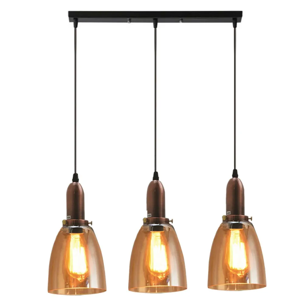 3-kops retro plafondlamp van glas met vintage industriële E27-voethouder, hanglamp VK ~ 2095 LEDSone UK Ltd