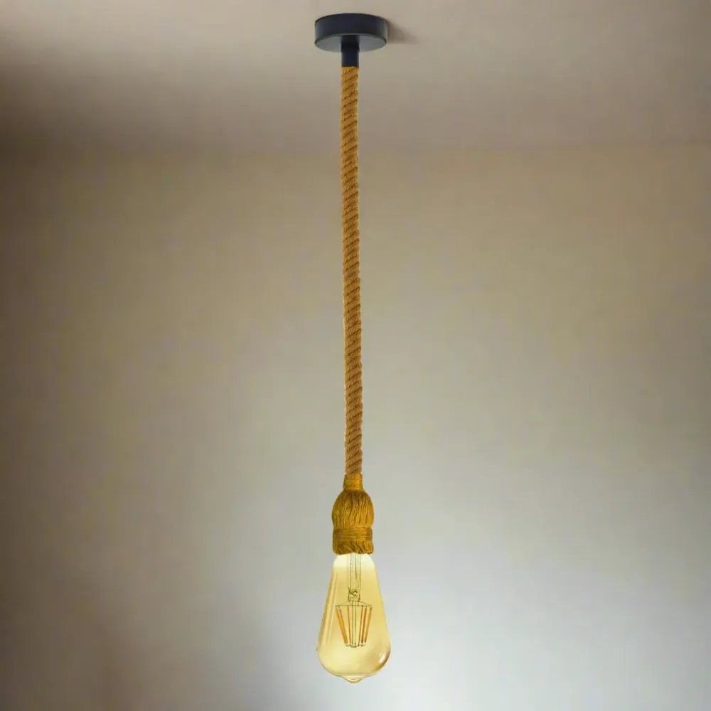 Vintage plafondlamp met enkele touwkooi en lampenkap~3168