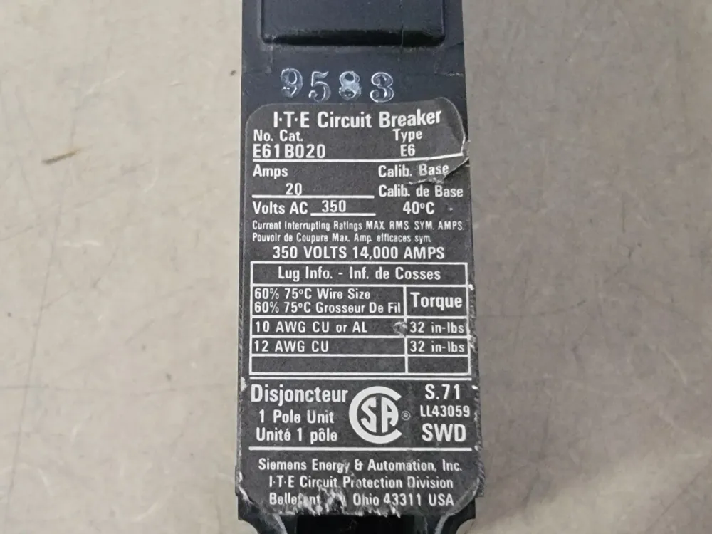 20 Amp, 1 Pole, 350 Volts Circuit Breaker E61B020 KEMA-KEUR Gecertificeerd