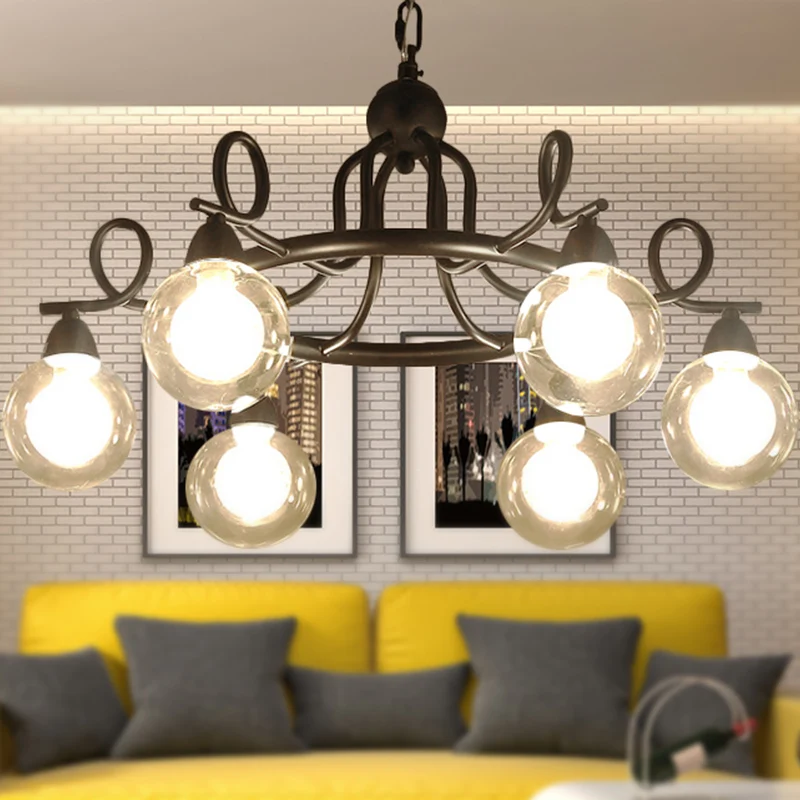6/8-lichts hanglamp, rustieke minibol, hangende kroonluchter van schitterend glas, zwart met SOS-functie