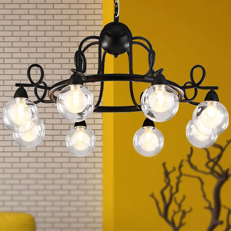 6/8-lichts hanglamp, rustieke minibol, hangende kroonluchter van schitterend glas, zwart met SOS-functie