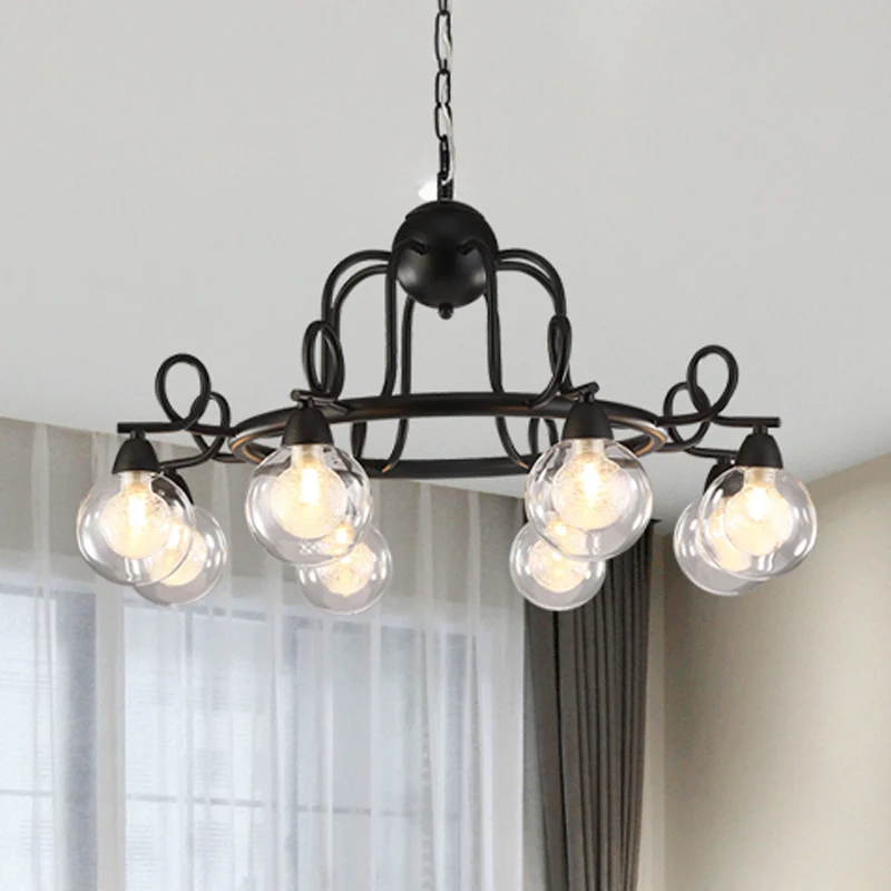 6/8-lichts hanglamp, rustieke minibol, hangende kroonluchter van schitterend glas, zwart met SOS-functie