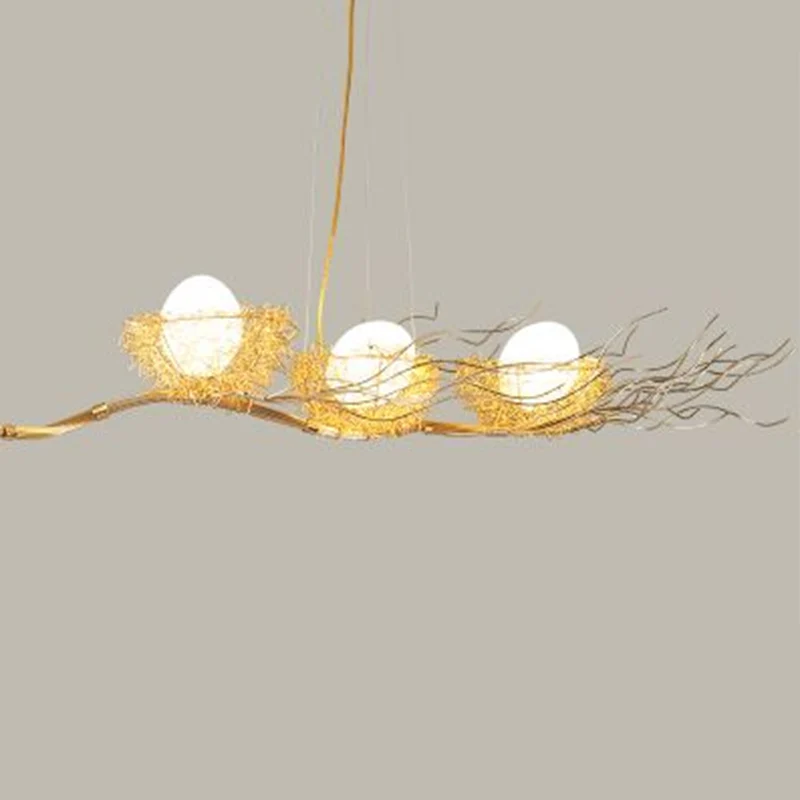Artistieke 3-lichts hanglamp natuurtint nest- en eiereilandlamp met crèmekleurige glazen kap