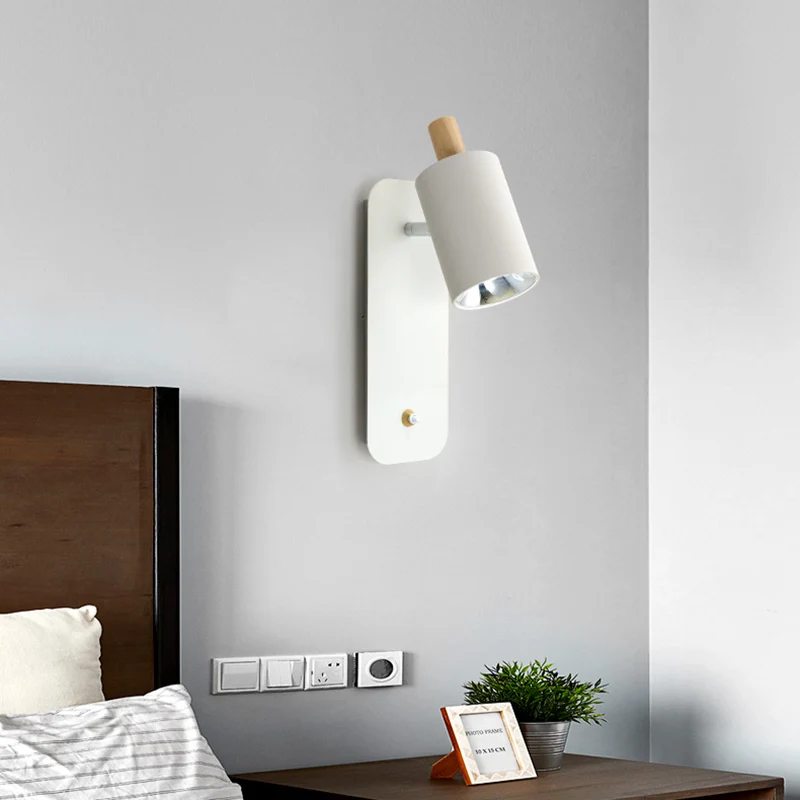 Cilindrische wandverlichting Minimalistisch metaal 1-kops wit/grijze schanslamp met houten kap