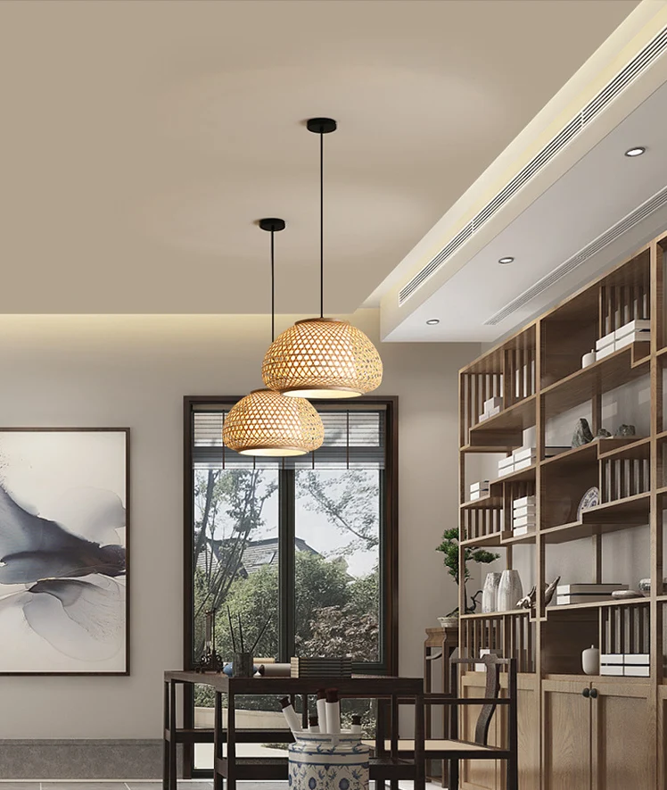 Globe hangende hanglamp met rotan kap Azië-stijl 1-lichts hangende plafondlantaarn lichtbruin met SOS-functie