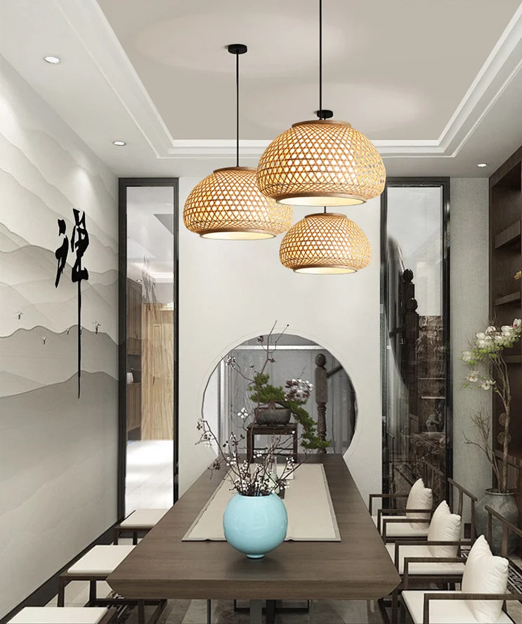 Globe hangende hanglamp met rotan kap Azië-stijl 1-lichts hangende plafondlantaarn lichtbruin met SOS-functie