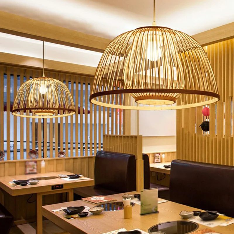 Hanglamp met houten koepel, moderne bamboe hanglamp met 1 kop en kooi aan de binnenkant inclusief batterijen