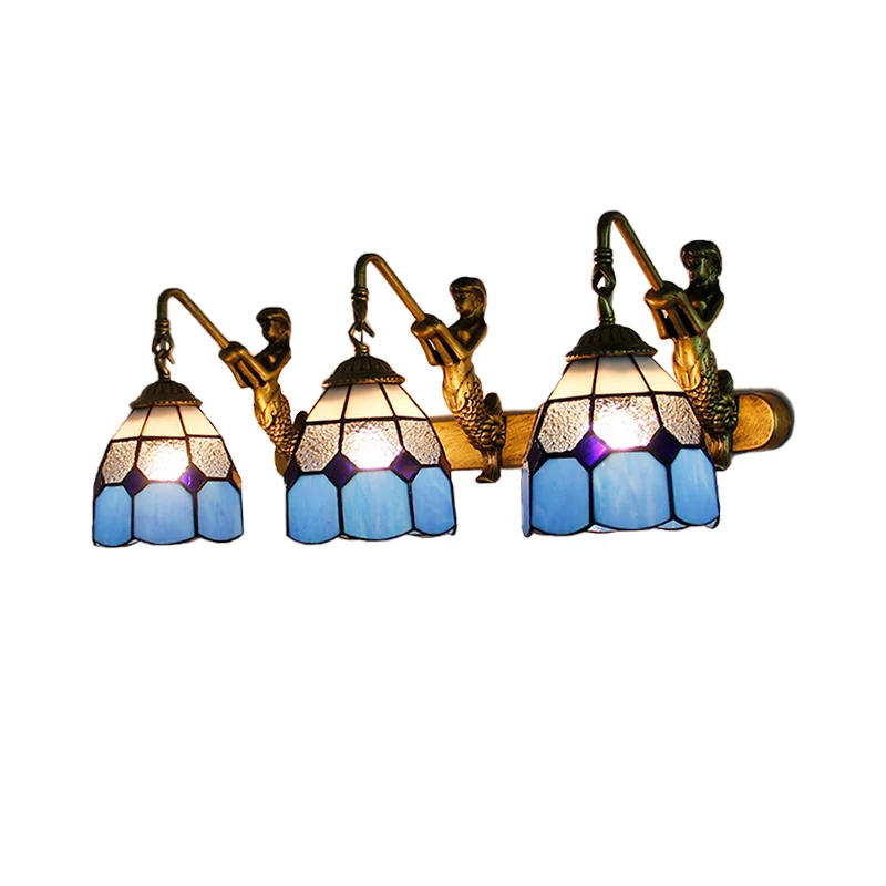 3 hoofden rasterpatroon wandlamp armatuur Tiffany lichtblauw/groen/helder ingedeukt glas schansverlichting