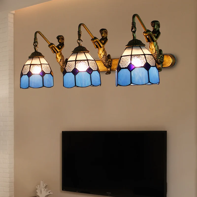 3 hoofden rasterpatroon wandlamp armatuur Tiffany lichtblauw/groen/helder ingedeukt glas schansverlichting