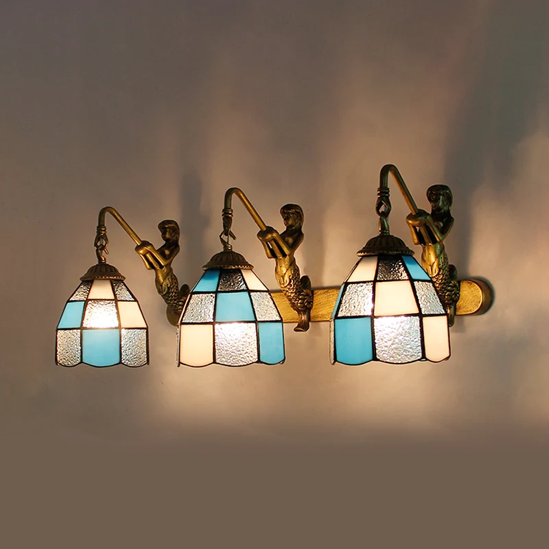 3 hoofden rasterpatroon wandlamp armatuur Tiffany lichtblauw/groen/helder ingedeukt glas schansverlichting