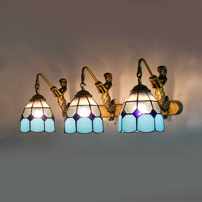 3 hoofden rasterpatroon wandlamp armatuur Tiffany lichtblauw/groen/helder ingedeukt glas schansverlichting