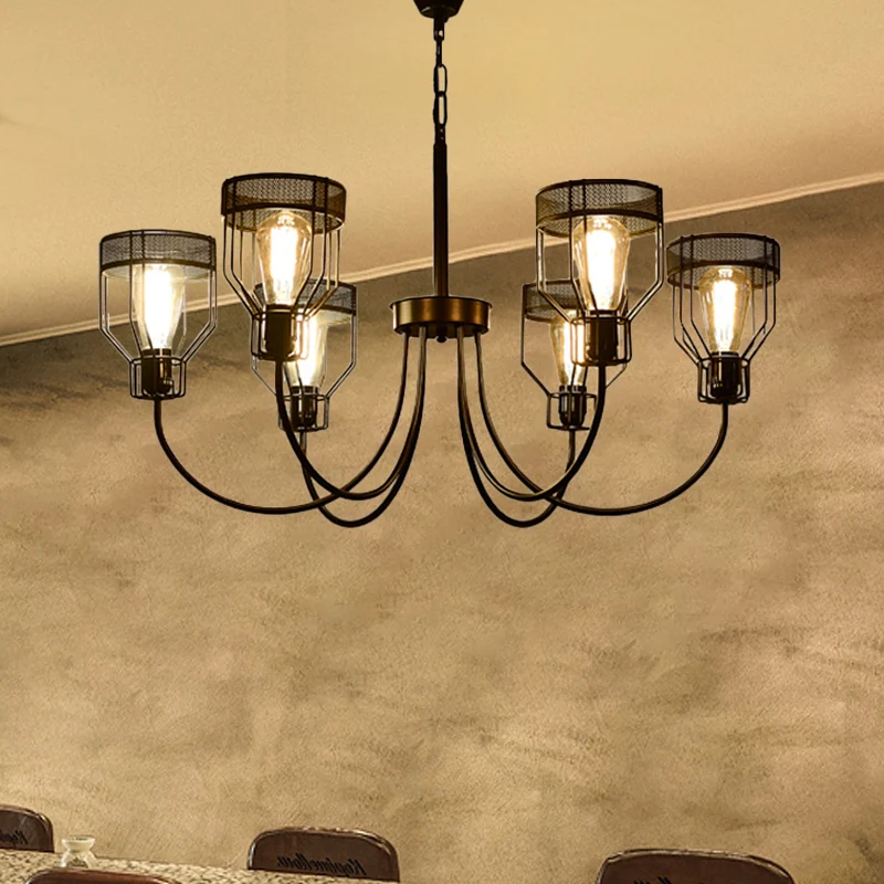 IJzeren zwarte hangende kroonluchter gekooide 6/8/12 hoofden boerderij hanglamp met gebogen arm inclusief batterijen