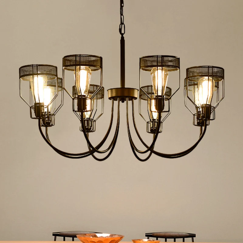 IJzeren zwarte hangende kroonluchter gekooide 6/8/12 hoofden boerderij hanglamp met gebogen arm inclusief batterijen