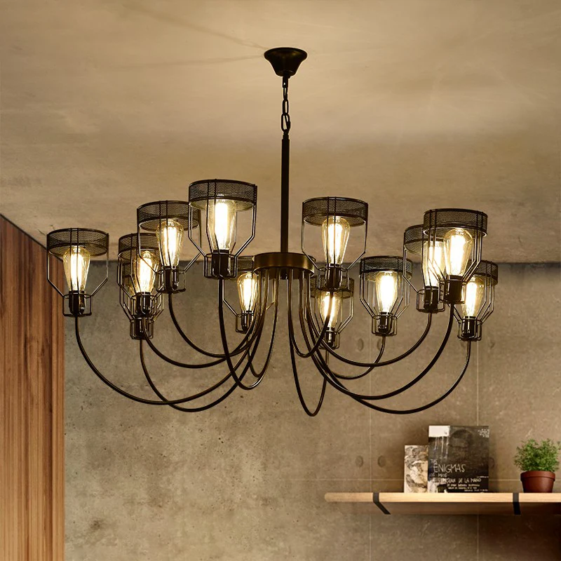 IJzeren zwarte hangende kroonluchter gekooide 6/8/12 hoofden boerderij hanglamp met gebogen arm inclusief batterijen