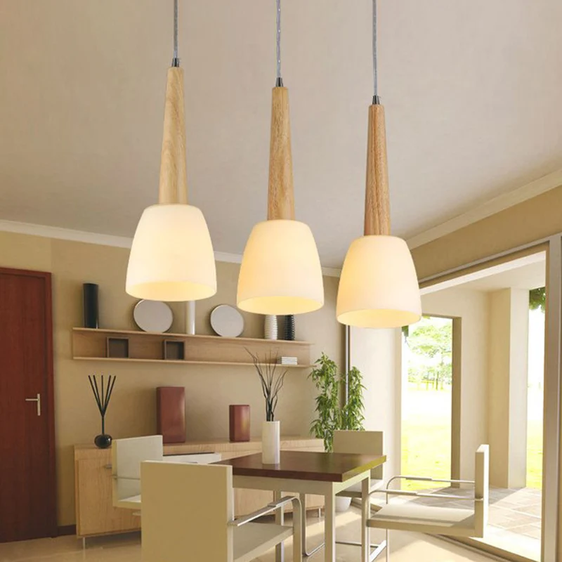 IP67 Gecertificeerde 1/3-lichts keukendinette cluster hanglamp van Scandinavisch hout met bel, melkglazen kap en handvat