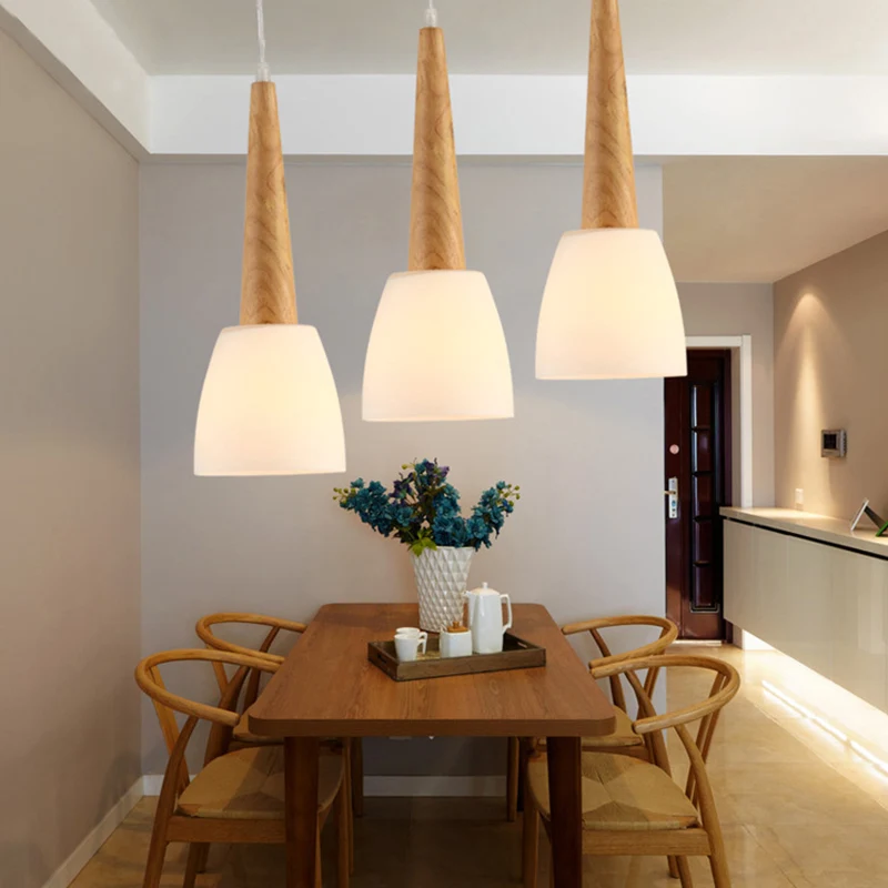 IP67 Gecertificeerde 1/3-lichts keukendinette cluster hanglamp van Scandinavisch hout met bel, melkglazen kap en handvat