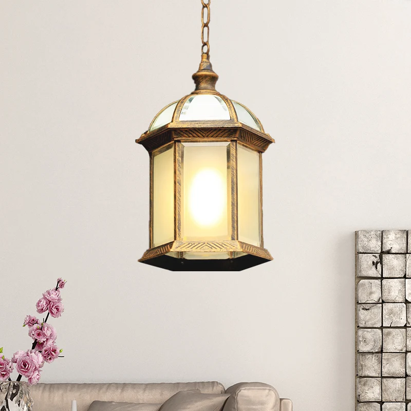 IP67 Gecertificeerde Zwart/messing hanglamp met 1 kop, boerderij, matglas, vogelkooi, hangende plafondlamp voor binnenplaats