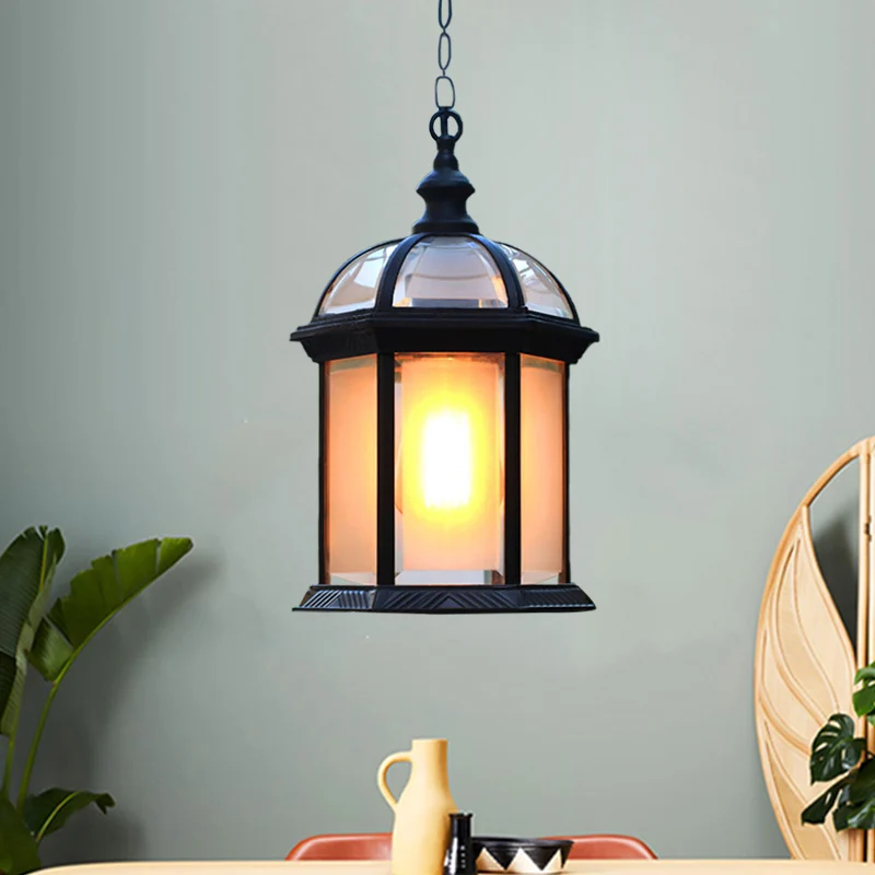 IP67 Gecertificeerde Zwart/messing hanglamp met 1 kop, boerderij, matglas, vogelkooi, hangende plafondlamp voor binnenplaats