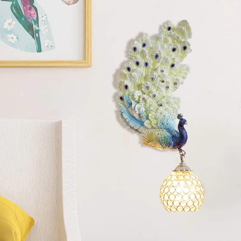 1 kop wandverlichting idee retro stijl links/rechts pauw hars wandkandelaar zacht met heldere K9 kristallen kap wit/blauw/...