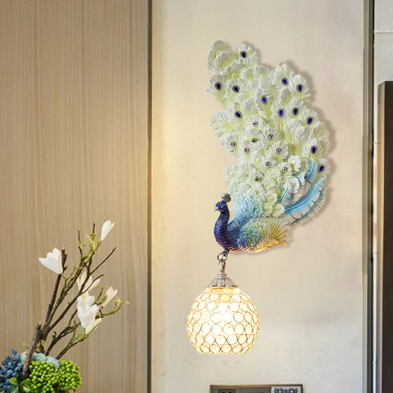 1 kop wandverlichting idee retro stijl links/rechts pauw hars wandkandelaar zacht met heldere K9 kristallen kap wit/blauw/...
