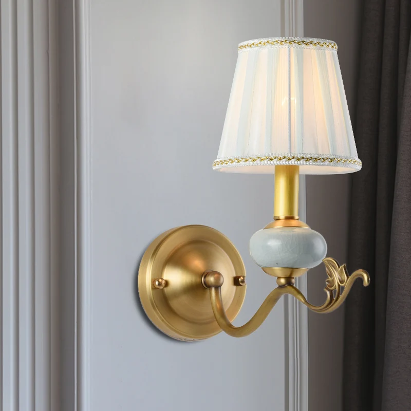 Messing 1/2-lamps wandkandelaar traditionele stijl metalen gebogen armwandlamp met stoffen kap inclusief batterijen