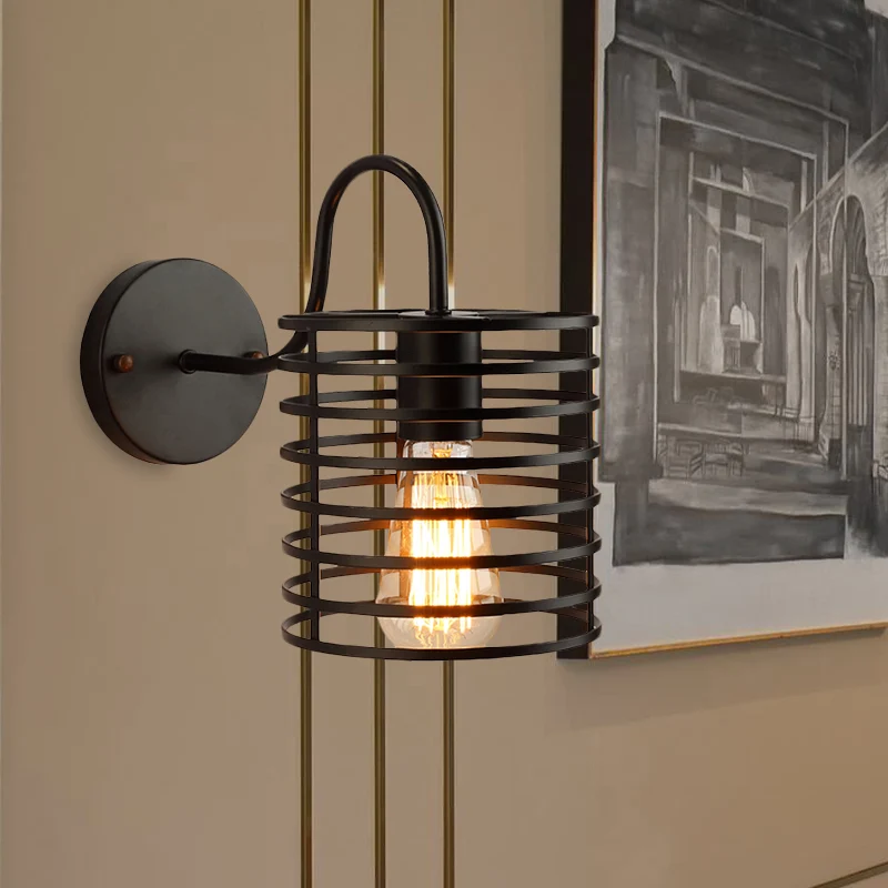 Metalen cilinder gekooide wandlamp met zwanenhalsarm Retro 1-kops gang wandkandelaar zwak zwart, 8,5"/9,5" breed met SOS-f...