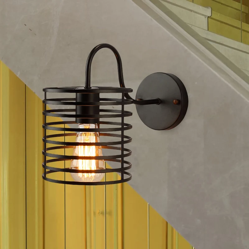 Metalen cilinder gekooide wandlamp met zwanenhalsarm Retro 1-kops gang wandkandelaar zwak zwart, 8,5"/9,5" breed met SOS-f...