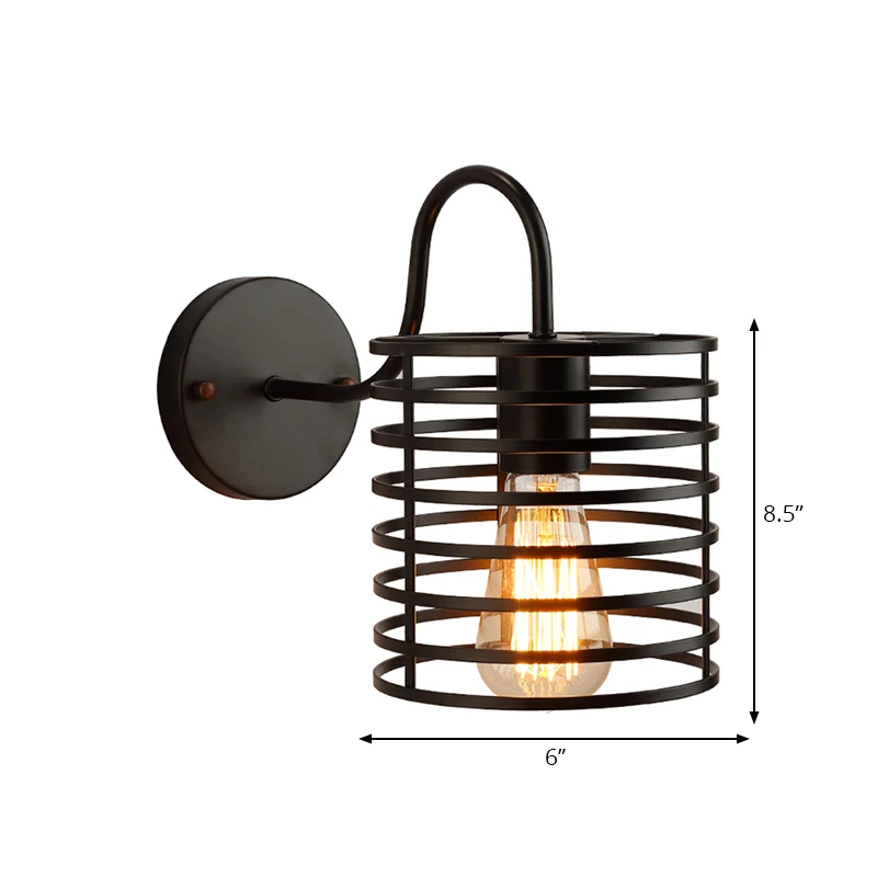 Metalen cilinder gekooide wandlamp met zwanenhalsarm Retro 1-kops gang wandkandelaar zwak zwart, 8,5"/9,5" breed met SOS-f...