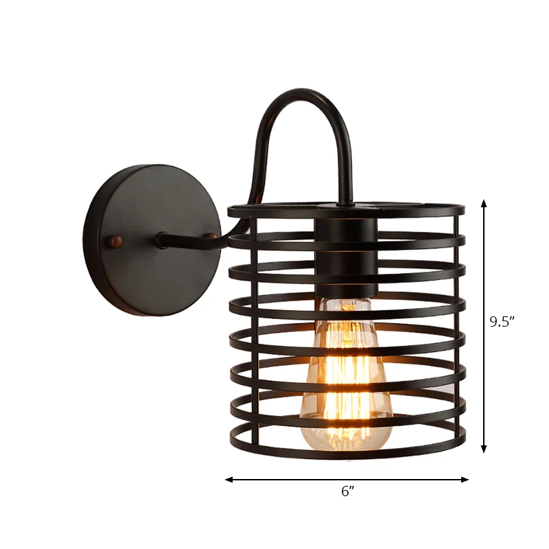 Metalen cilinder gekooide wandlamp met zwanenhalsarm Retro 1-kops gang wandkandelaar zwak zwart, 8,5"/9,5" breed met SOS-f...
