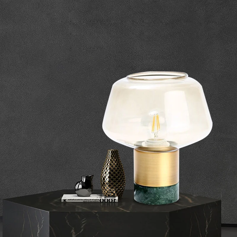 Nachtlampje van stralend glas met open bovenkant, moderne 1-kops gouden plug- tafellamp met ronde wit/groene marmeren voet...