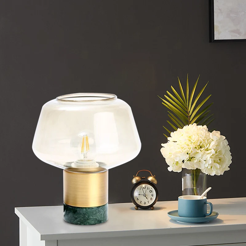Nachtlampje van stralend glas met open bovenkant, moderne 1-kops gouden plug- tafellamp met ronde wit/groene marmeren voet...