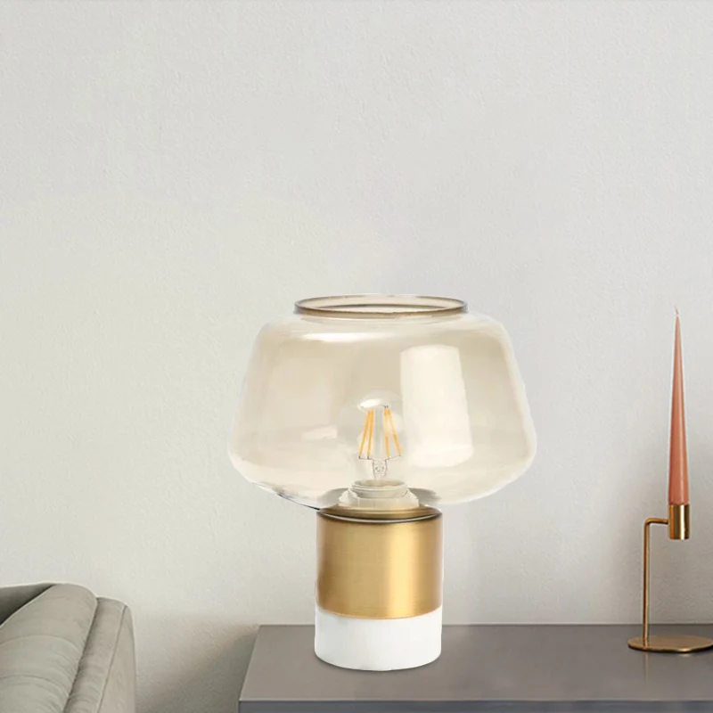Nachtlampje van stralend glas met open bovenkant, moderne 1-kops gouden plug- tafellamp met ronde wit/groene marmeren voet...