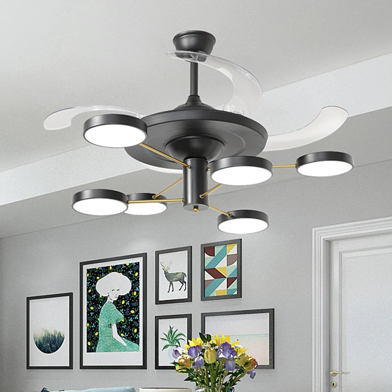 Nordic ronde paneel hangende ventilatorlamp acryl 6/8 hoofden salon 4-blade semi-inbouw zwart, 42,5" wijd