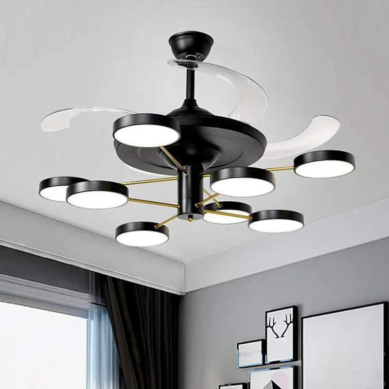 Nordic ronde paneel hangende ventilatorlamp acryl 6/8 hoofden salon 4-blade semi-inbouw zwart, 42,5" wijd