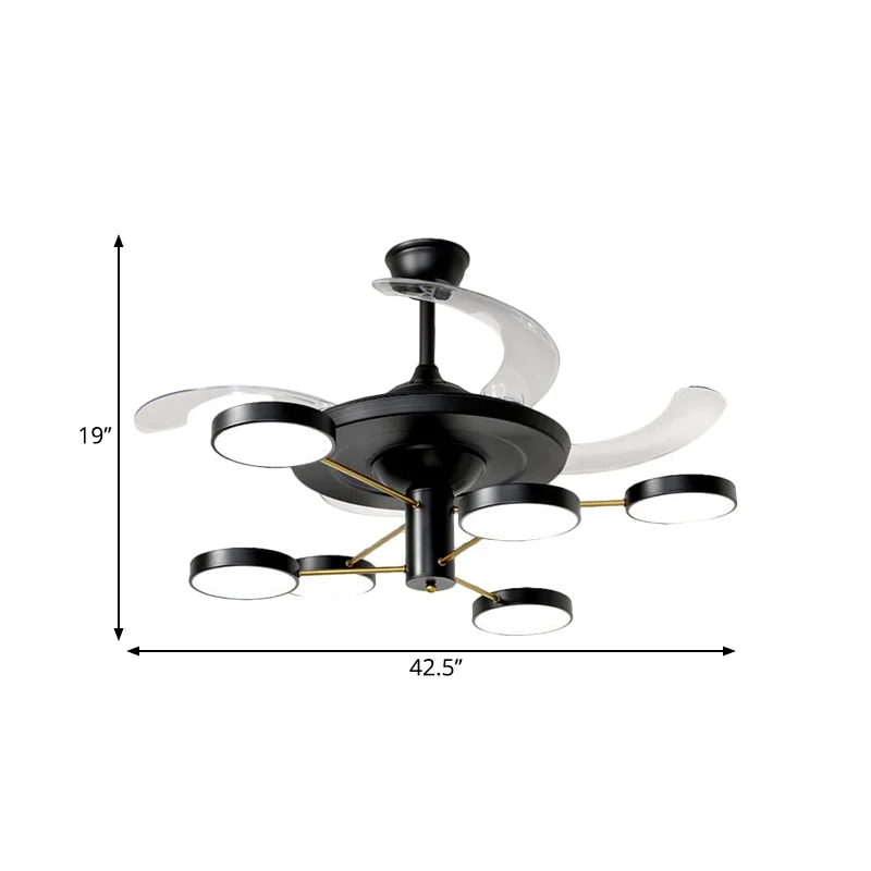 Nordic ronde paneel hangende ventilatorlamp acryl 6/8 hoofden salon 4-blade semi-inbouw zwart, 42,5" wijd