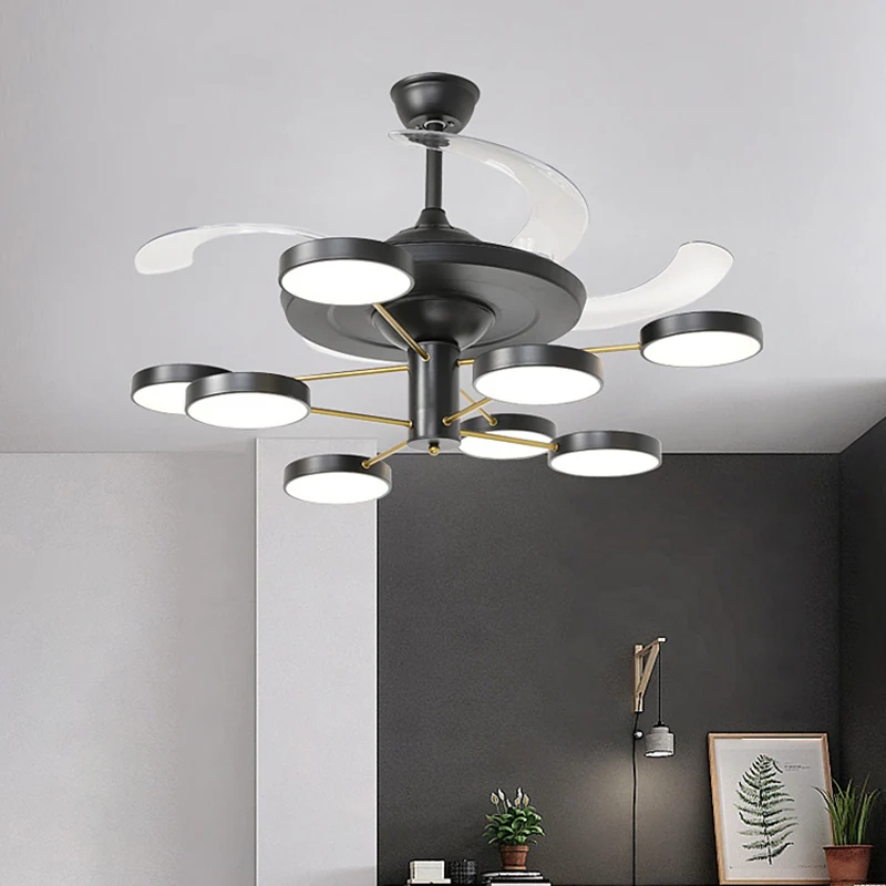 Nordic ronde paneel hangende ventilatorlamp acryl 6/8 hoofden salon 4-blade semi-inbouw zwart, 42,5" wijd