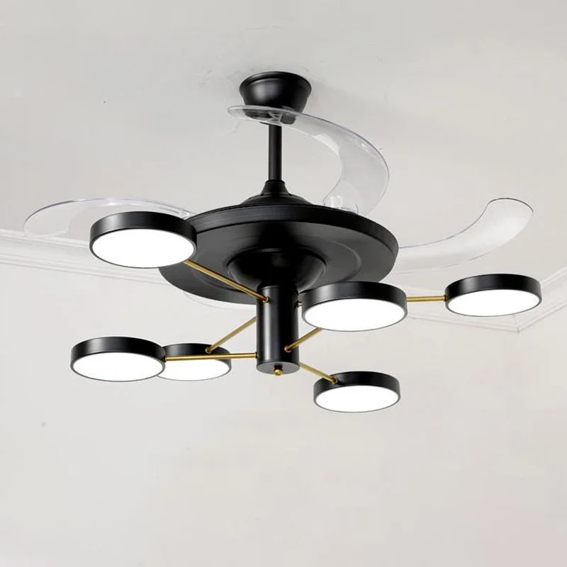 Nordic ronde paneel hangende ventilatorlamp acryl 6/8 hoofden salon 4-blade semi-inbouw zwart, 42,5" wijd