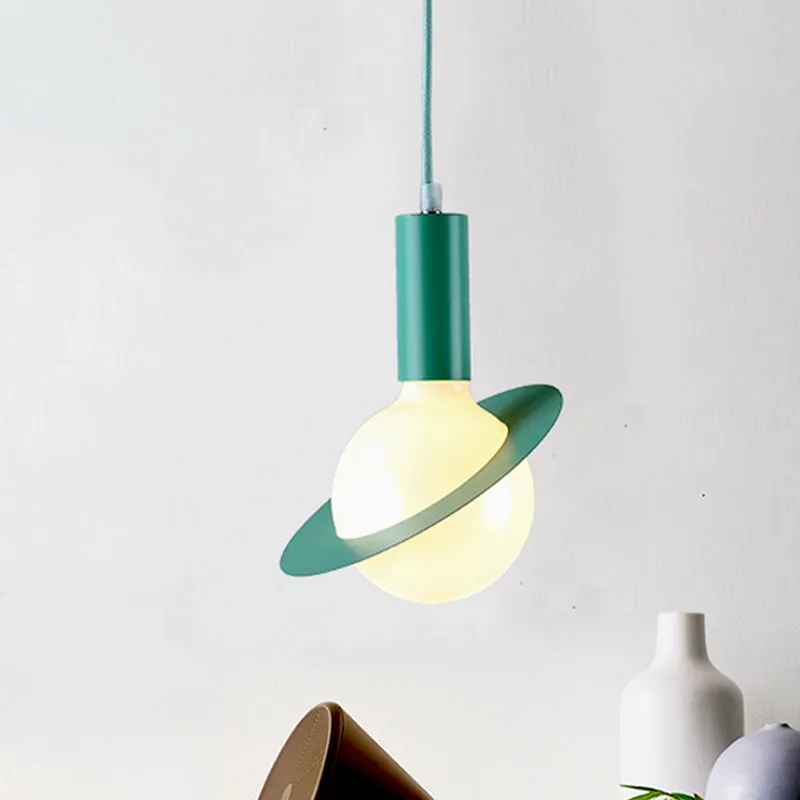 Oplaadbare LED 1-lichts eetkamer hanglamp met witte glazen bol, postmoderne roze/blauw/groene hanglampenset
