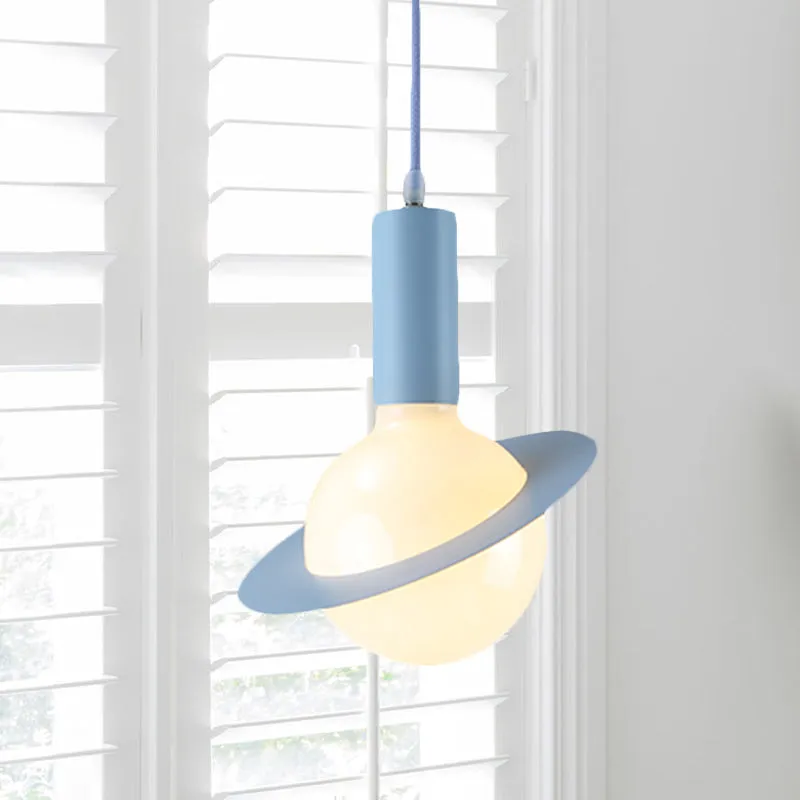 Oplaadbare LED 1-lichts eetkamer hanglamp met witte glazen bol, postmoderne roze/blauw/groene hanglampenset