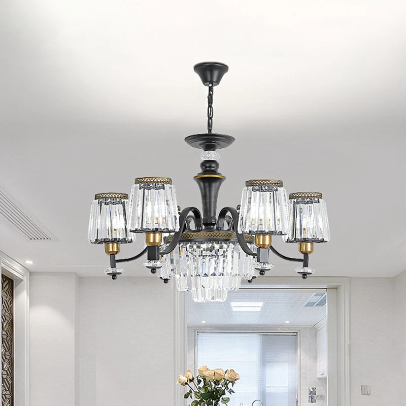 Oplaadbare LED Zwarte conische hanglamp Vintage stralend kristalblok 3/6 hoofden Eetkamerkroonluchterlamp