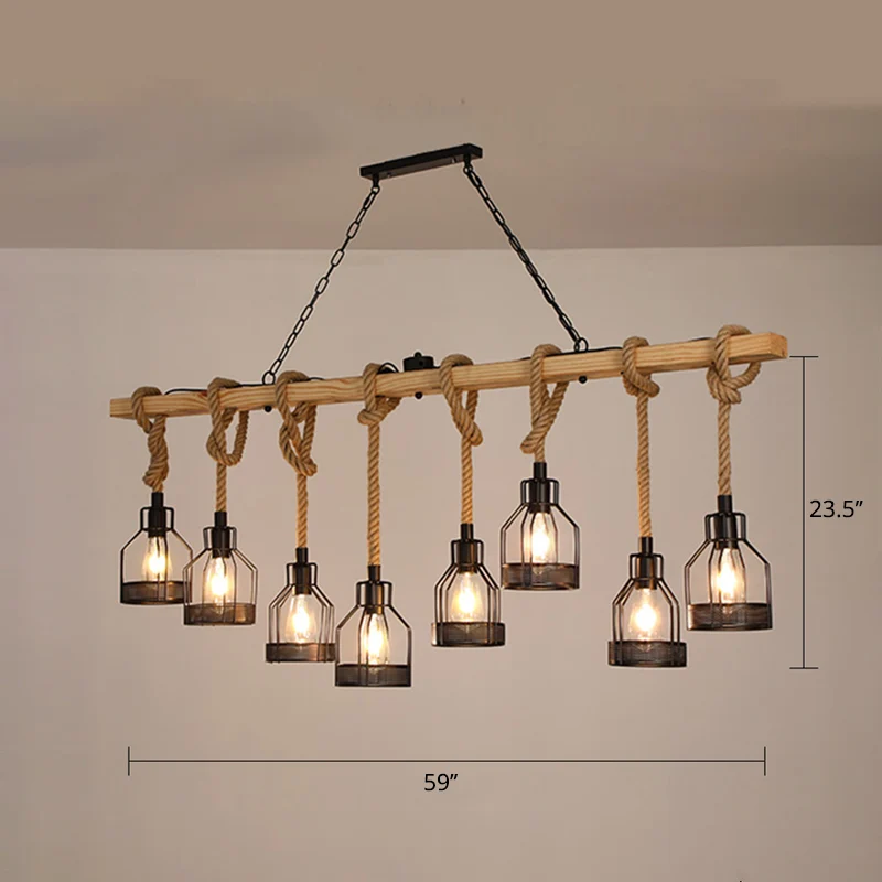 Professionele Waterdichte Houten lineaire eilandlamp Rustieke hanglamp voor restaurants met gaaskooi