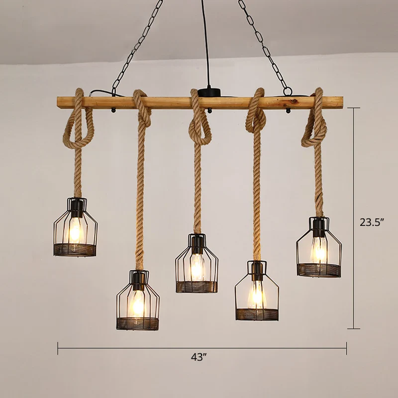 Professionele Waterdichte Houten lineaire eilandlamp Rustieke hanglamp voor restaurants met gaaskooi