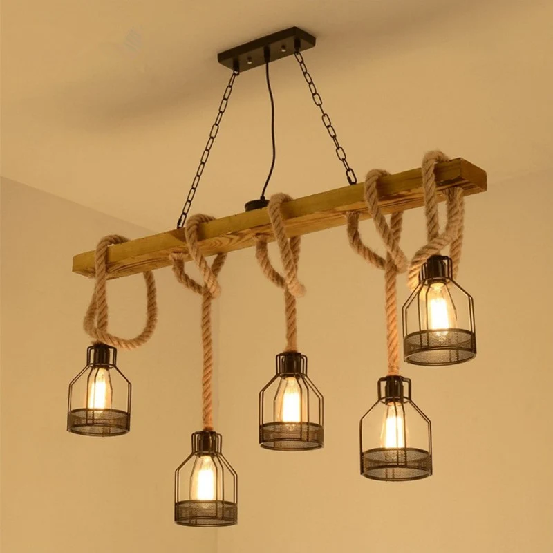 Professionele Waterdichte Houten lineaire eilandlamp Rustieke hanglamp voor restaurants met gaaskooi