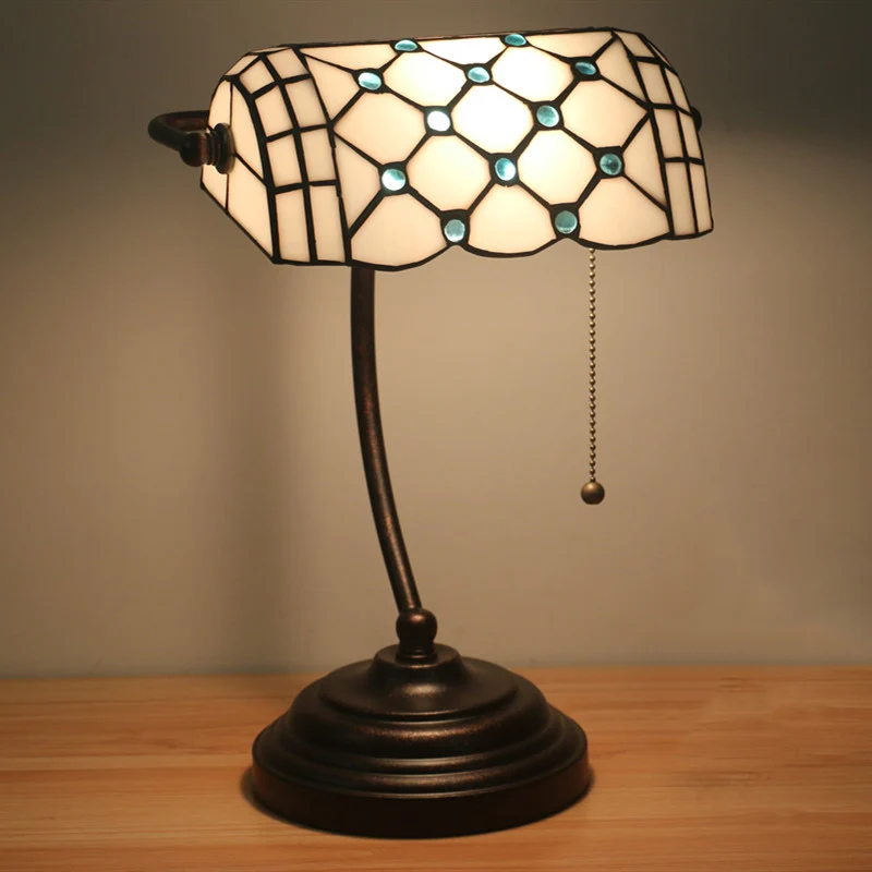 Taaklamp met 1 kop, Tiffany-stijl, juwelen, natuurtint glas, trekketting, nachtkastje, verlichting blauw/goud met gebogen arm
