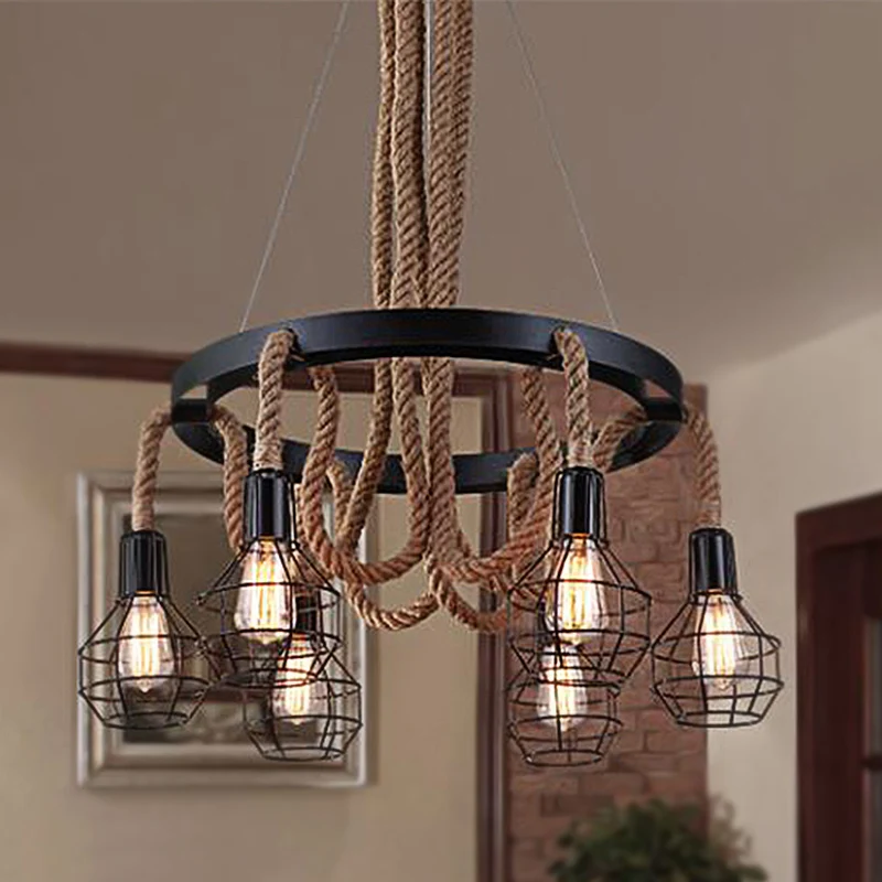 Zwarte multi-lichte kroonluchter hanglamp oud stijl metalen global/bell Cage hanglamp met touw